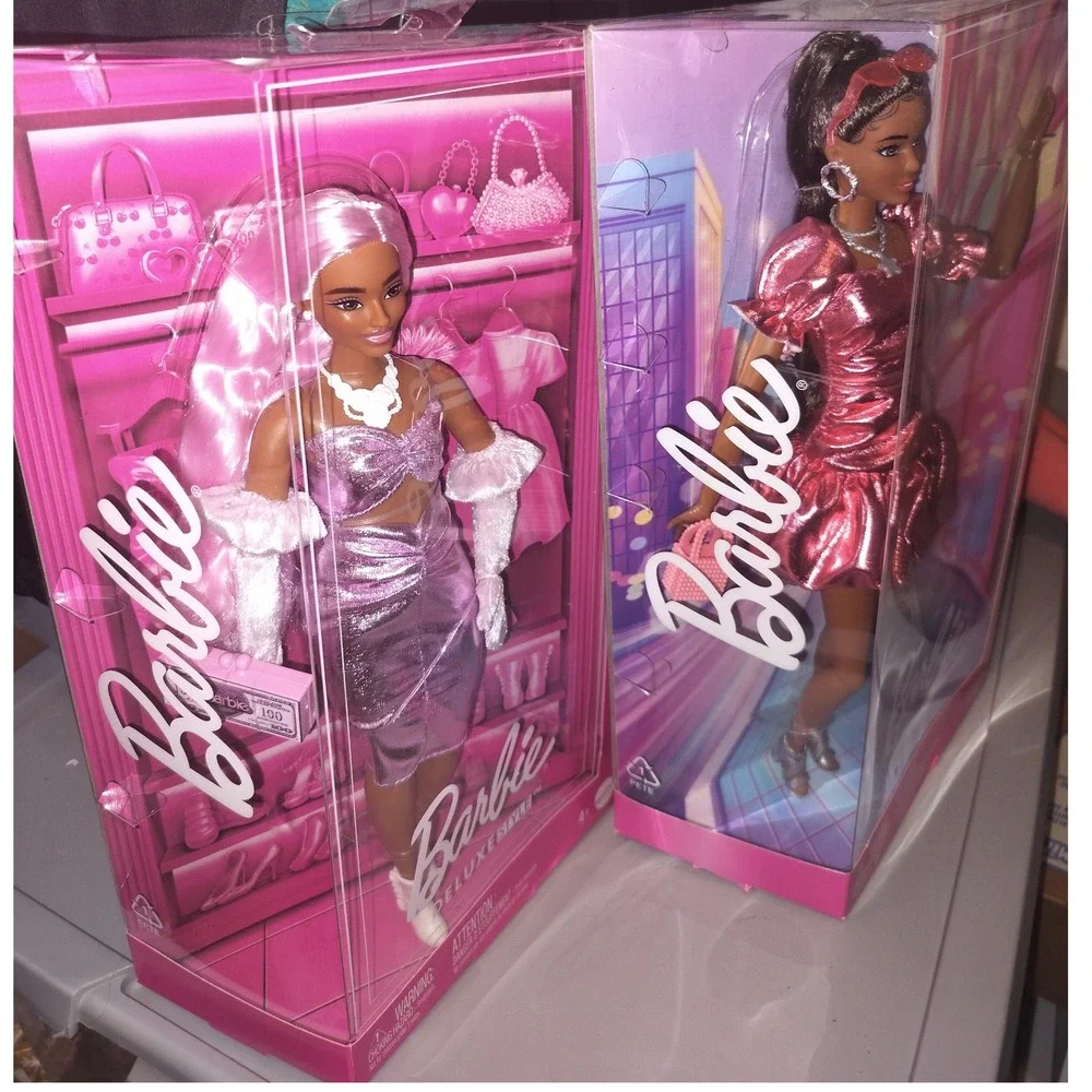 NEW 2 African American Deluxe Style Barbie with Metallic‎ Dresses & Accessories